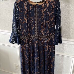 Blue Lace Sheath Dress with 3/4 Bell Sleeves for Cocktail